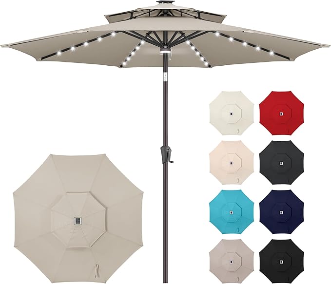 Jarka&Co 9ft Solar Patio Umbrella - 2 Tiers Solar Outdoor Umbrella with 40 LED Lights Waterprool UV Protection, Market Table Umbrella with Tilt for Backyard, Garden, Pool, Porch (Taupe)