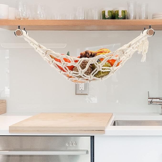 Hanging Fruit Hammock Under Cabinet Hanging Basket Includes Hooks - Macrame Bohemian Hanging Banana Vegetable Hammocks Kitchen Storage Counter Space Saving Decoration at Home, Boat (Style B - 1 Pack)