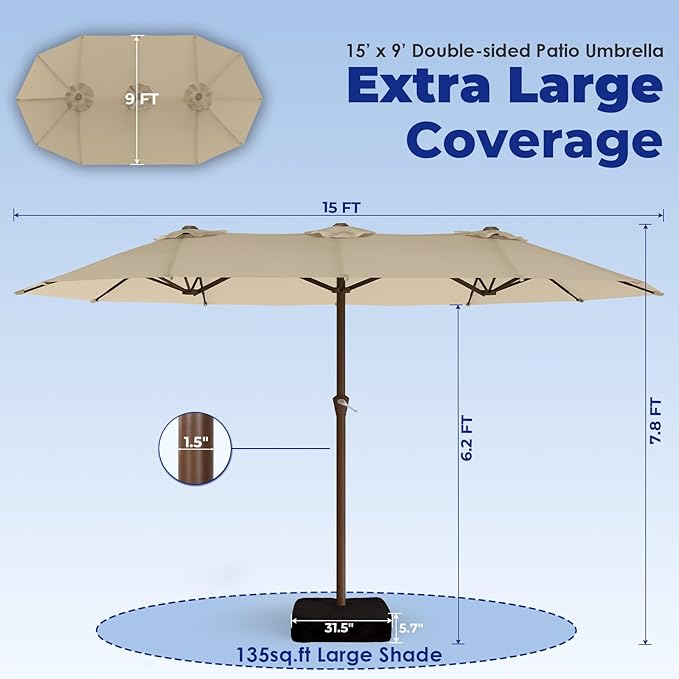 BRIOPAWS 15-FT-Large-Patio-Umbrella-with-Base | Double-Sided | Outdoor Table Umbrellas | w/Crank Handle | 12 Sturdy Fiberglass Rib | UV-Protection | for Garden Deck Backyard Pool | Tan