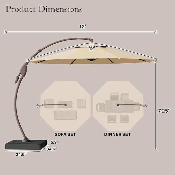Cantilever Umbrella with Heavy-Duty Base, Outdoor Large Round Aluminum Offset Umbrella for Patio Garden Backyard, UV-Resistant Waterproof Canopy, 360° Rotation & Tilt Adjustment