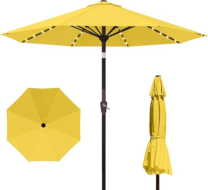 Kingdura 9FT Outdoor Patio Umbrella with Solar Lights, Market Table Umbrella with Push Button Tilt & Crank, 8 Sturdy Ribs, 32 LED Lights, UV Protection for Garden Lawn Deck Backyard Pool (Yellow)