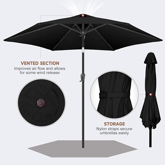 10ft Patio Umbrella Outdoor - Table Umbrella with 6 Sturdy Ribs, Market Umbrella with Push Button Tilt, UV Protection for Pool, Porch, Garden, Deck, Backyard (Black)