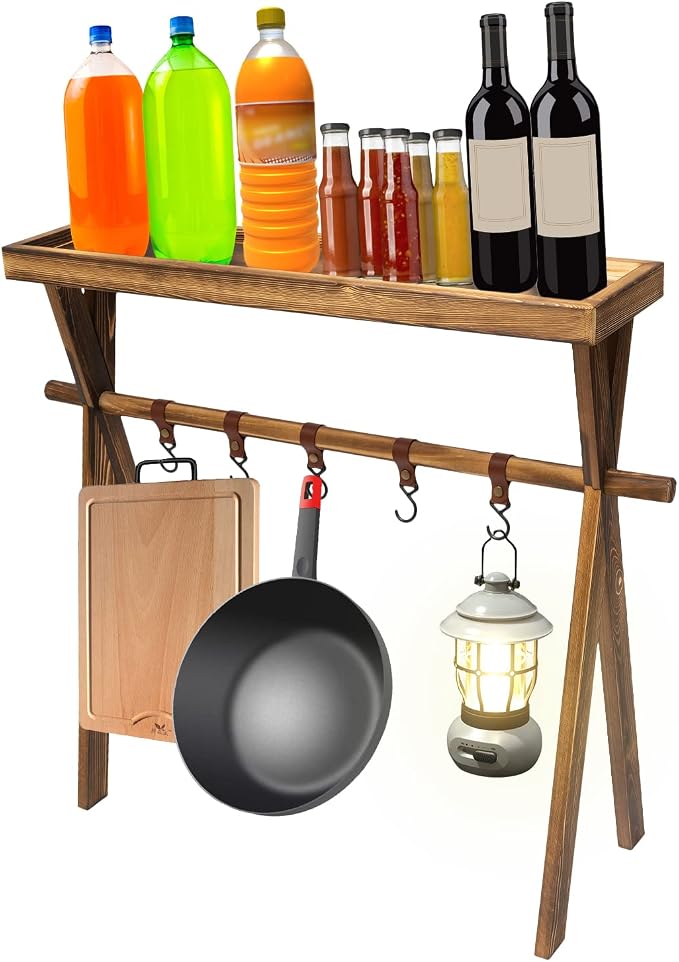 Portable Wooden Picnic Rack, with hanging hook, Lightweight Wood Outdoor Shelf Foldable Travel Camping Table Rack for Storage,Outdoor Kitchen,RV Picnic,BBQ,Home Storage