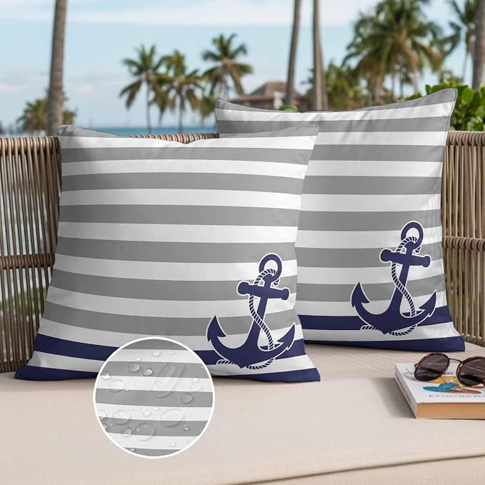 Throw Pillow Covers 18x18 Inch Set of 2, Anchor Gray Waterproof Outdoor Cushion Covers, Modern Navy Blue White Striped Nautical Decorative Pillowcases for Couch, Sofa, Bed, Garden, Patio