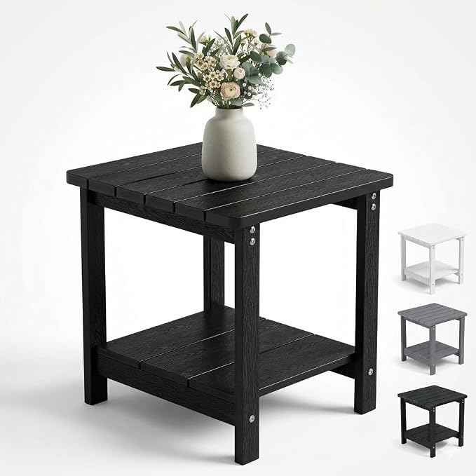 Adirondack Square Outdoor Side Table, 2-Tier Patio Side Table, HDPS End Tables for Porch, Deck, Backyard, Garden, Poolside, Beach, Easy Assembly, Black
