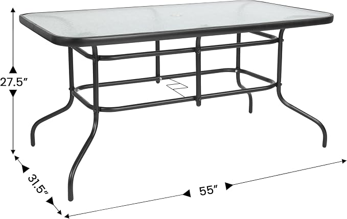 EMMA + OLIVER Seven Piece Indoor/Outdoor Dining Set - Metal Table with Tempered Glass Top - Six Navy Flex Comfort Chairs- Umbrella Hole - All Weather