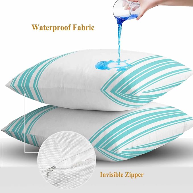 Outdoor Waterproof Throw Pillow Covers Set of 2 Turquoise Stripes Pillowcases 16x16 Inches White Vertical Striped Decorative Pillows Cushion Case Patio Pillows for Couch Bed Chair Garden