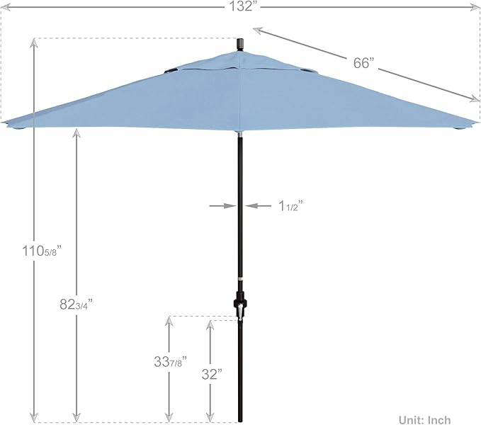 California Umbrella 11Ft Premium Sunbrella Patio Umbrella, Hand-Crank, Tilt-Collar, Bronze Frame, Air Blue Fabric