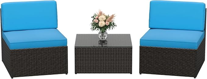 Devoko 3 Pieces Outdoor Patio Conversation Sets, Couch Sectional Sofa Rattan Chair Wicker with Tea Table, Furniture Bistro Sets for Garden,Balcony,Backyard, Blue