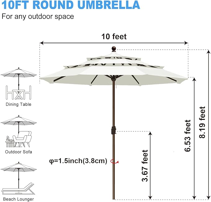 Eurmax USA 10-Year-Non-Fading 10FT 3-Tier Outdoor Patio Market Umbrella,UPF50+ UV Resistant,Heavy Duty Commercial Grade,Crank Lift Design,Windproof Vented Top for Garden,Pool,Deck,Natural