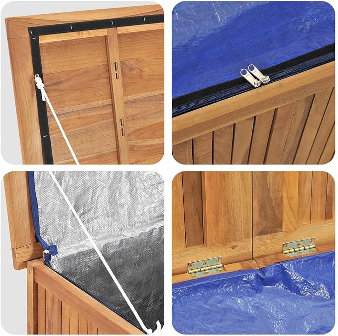 Large Outdoor Garden Storage Box, Solid Teak Wood Deck Bin for Patio, Balcony, Backyard, Rectangular Weatherproof Container for Cushions, Tools and Pillows, 59.1 Inch