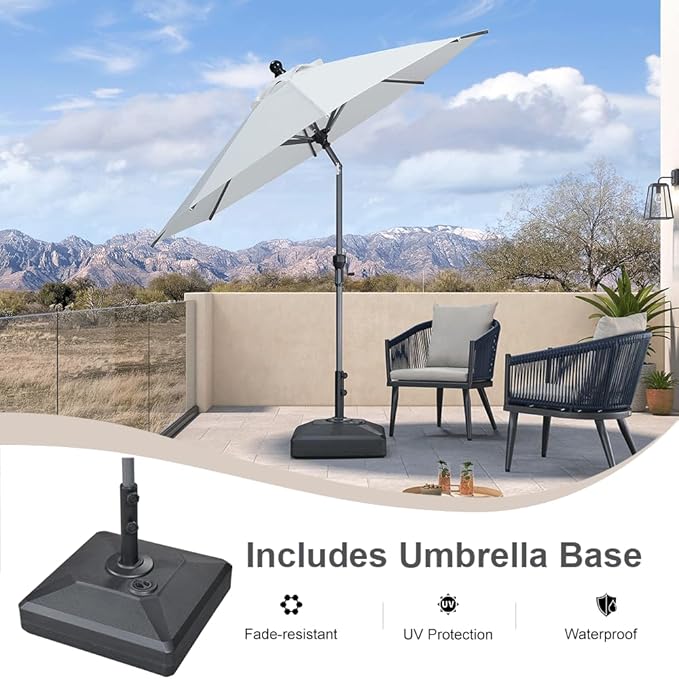 PURPLE LEAF 8' Round Patio Market Umbrella with Base Outdoor Table Umbrellas Aluminum Frame Sun Shade with 8 Sturdy Ribs Tilt for Garden Deck Lawn Pool White