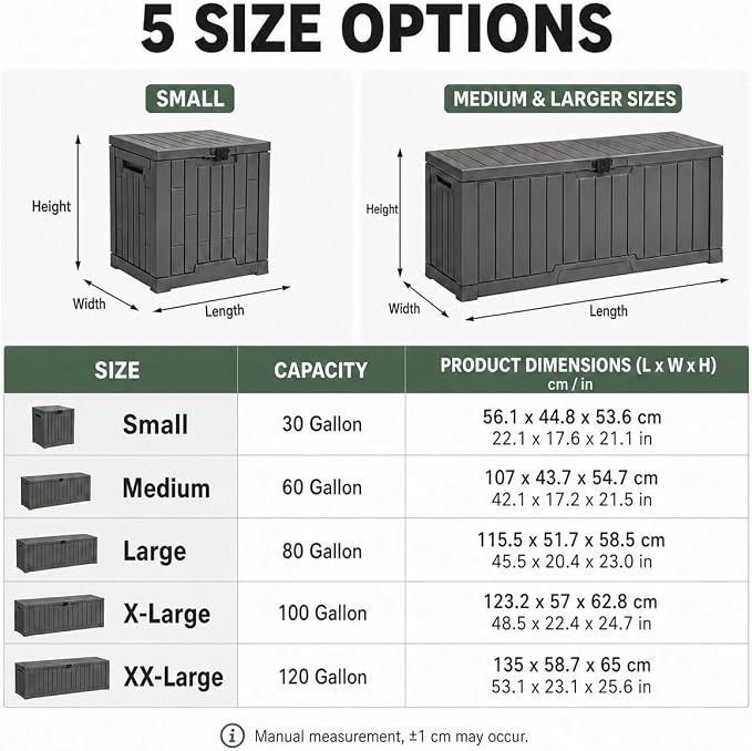 Outdoor Storage Box, Waterproof Deck Box with Buckle Lock, Patio Storage Box for Cushions and Outdoor Toy Storage, 30/60/80/100/120 Gallon PP Bench or Side Table for Patio Garden Backyard(120 Gallon)