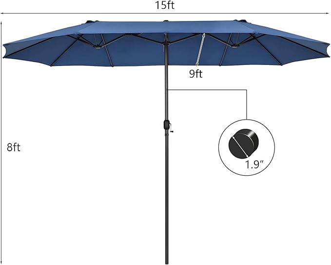 VOOYA HOME 15ft Large Patio Umbrellas Base NOT Included, Outdoor Double-Sided Umbrella with Crank Handle, UV Protective for Pool, Lawn Garden, Backyard (Pole Diameter 1.9 inch) Navy Blue
