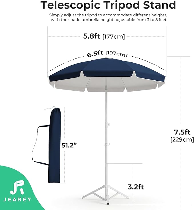 JEAREY 6.5ft Sun Shade Umbrellas, Portable Umbrella with Stand, Lightweight Sun Protection Free Standing Sport Umbrella for Outdoor Sports, Camping, Fishing, Patio, Beach, Navy
