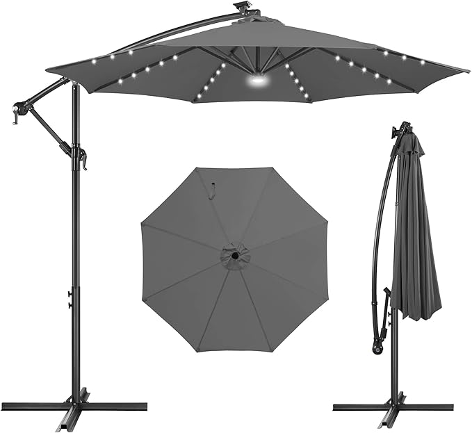Solar Offset Patio Umbrella - 10 FT Solar Cantilever Umbrella Outdoor with 40 LED Lights and Cross Base, UV Protection for Garden, Deck, Backyard, Pool, Porch, Anthracite