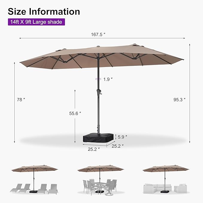PURPLE LEAF 14ft Patio Market Umbrella Outdoor Double-Sided Umbrella with Base and Crank Rectangle Table Umbrella for Pool Deck Garden, Taupe