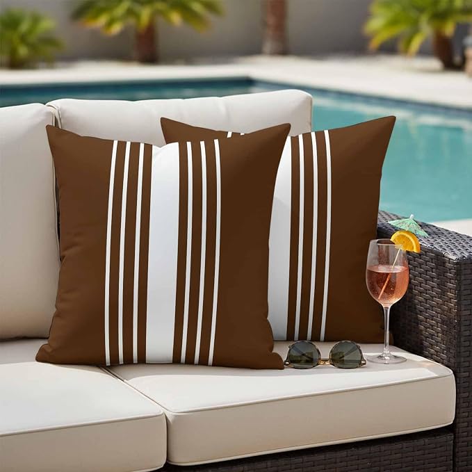 Brown White Stripe Outdoor Pillow Covers 20x20 Inch Throw Pillow Covers Set of 2 Waterproof Decorative Pillow Cases Modern Rustic Vertical Striped Cushion Covers for Patio Furniture Garden Couch Sofa