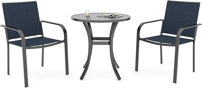 Anmutig Small Outdoor Patio Set with 27.5 Inch Round Dining Table and 2 Navy Blue Stackable Chairs