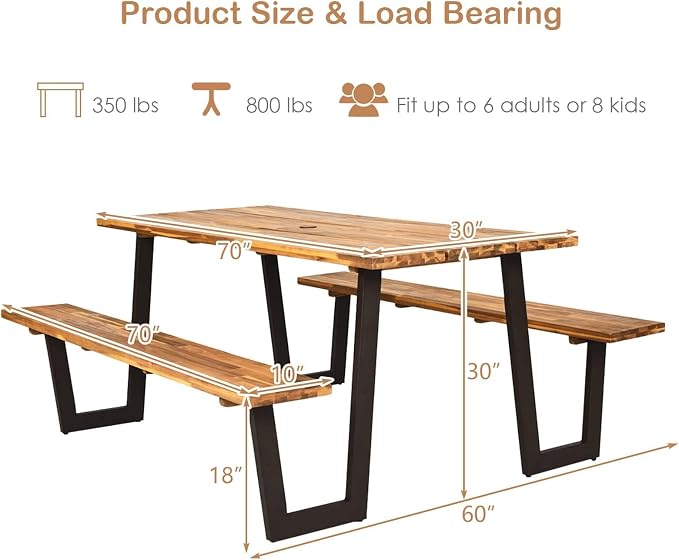HAPPYGRILL Outdoor Picnic Table Bench Set with Wood Top & Steel Frame, Patio Dining Picnic Table Set with Umbrella Hole for Garden Backyard, Patented