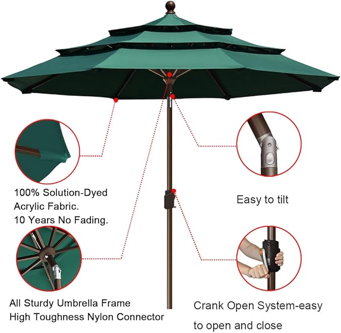 EliteShade USA 10-Year-Non-Fading 9ft 3-Tier Market Patio Umbrella, Commercial Grade Outdoor Table Umbrella with Crank Open, Windproof & UPF 50+ UV Protection, Heavy Duty Ventilation for Garden, Deck, Pool, Backyard, Beach & Bistro, Forest Green