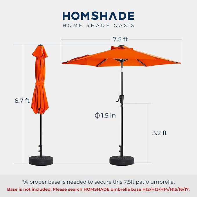HOMSHADE 7.5ft Outdoor Patio Umbrella - Market Table Pool Deck Umbrella UPF50+ UV Protection with Push Button Tilt, Crank and 6 Sturdy Ribs (Neon Orange, No base)