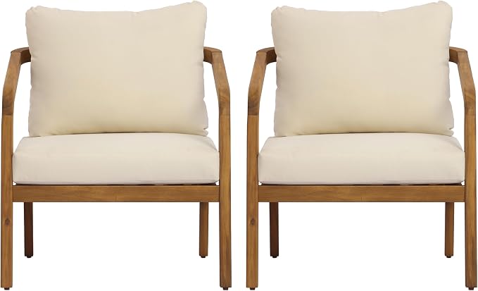 Merax 2 Piece Acacia Wood Outdoor Patio Club Chair with PE Wicker Backrest & Cushions– Modern Accent Armchair for Balcony, Poolside, and Sunroom