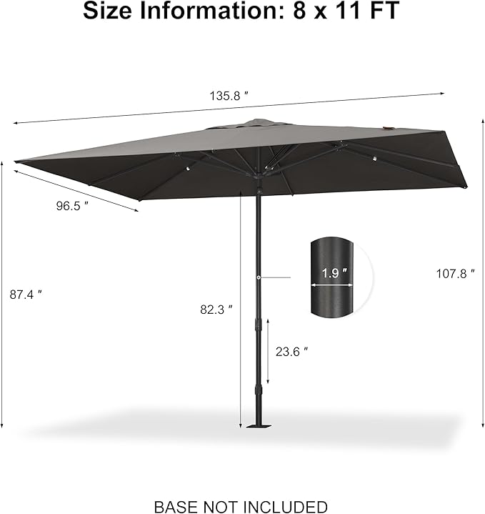 PURPLE LEAF 11' x 8' Rectangular Semi-Auto Outdoor Patio Umbrella Aluminium Market Umbrella Table Sun Umbrella with 1.89" Rod and 8 Sturdy Ribs for Deck Lawn Pool Garden, Gray