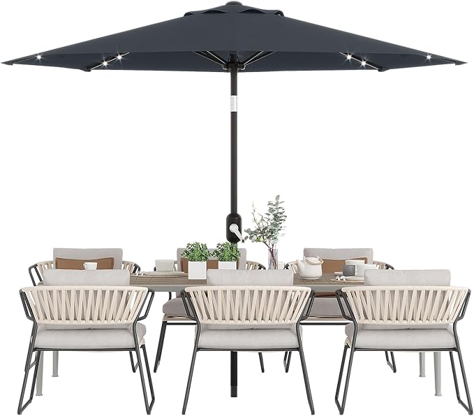 10 ft Patio Umbrella with Solar Lights, Outdoor LED Lighted Umbrella, 40 LED Lights & Tilt Crank, 8 Ribs for Poolside, Deck, Backyard