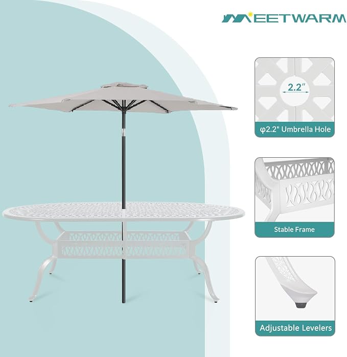 MEETWARM 84"x44" Cast Aluminum Patio Dining Table, Weather-Resistant Large Outdoor Dining Table for 8 Person, Patio Furniture Oval Table with Umbrella Hole and Adjustable Foot Pads, White