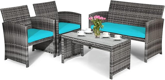 HAPPYGRILL 4 Pieces Patio Conversation Set with Soft Cushions Rattan Furniture Set with PE Wicker Coffee Table & Sofa Chairs for Garden Poolside Porch Backyard