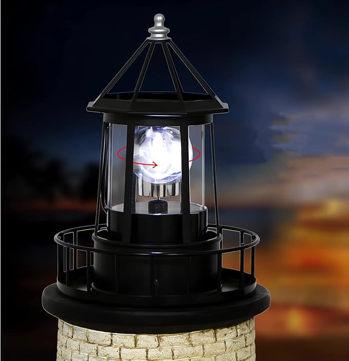 Solar Lighthouse Rotating Light - 360 Degree Light Houses Lamp For Yard, IP65 Waterproof Durable Lighthouse Lamps Towers Statue Lights For Outdoor Garden Pathway Patio (Black -Large - Style B)