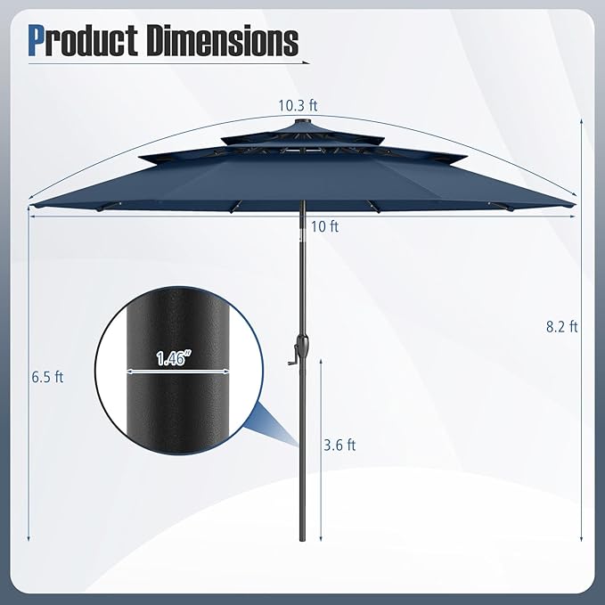 Tangkula 10 FT Solar LED Patio Umbrella, 3-Tier Vented Outdoor Market Table Umbrella with 32 LED Lights, Tilt Adjustment, Crank Handle, 8 Ribs for Backyard Pool Deck (Navy)
