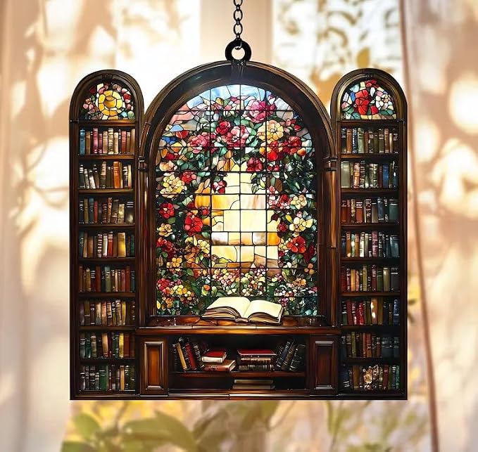 Floral Bookshelf Acrylic Suncatcher, Bookish Suncatchers for Window Hanging Ornament, Art Garden Decor for Book Lover Bookworm Reader, Gifts for Mother's Day, Mom, Grandma, Wife, Women, Nana