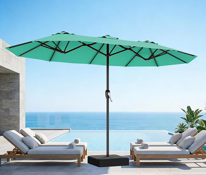 AreShark 15ft Patio Umbrella with Base, Double Sided Outdoor Umbrella with 12 Fiberglass Ribs, Large Outdoor Umbrella for Garden, Pool, Deck, Backyard & Market, Cerulean