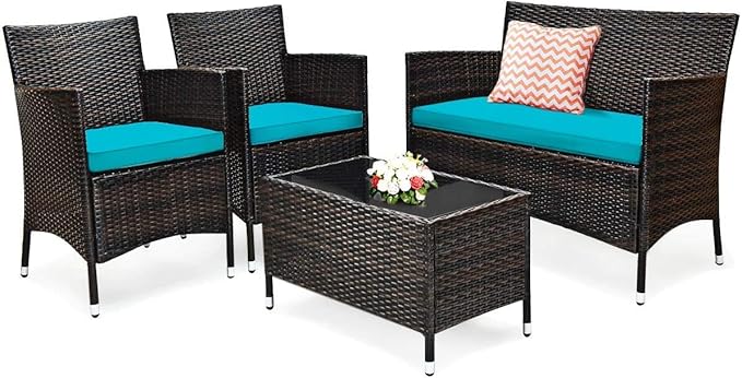 LUARANE 4-Piece Rattan Patio Furniture Set, Outdoor Wicker Sofa Couch Table Set, w/ Thick Seat Cushions Tempered Glass Coffee Table, Conversation Set for Lawn Garden Poolside Backyard (Turquoise)