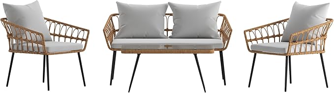 Flash Furniture Evin Boho 4 Piece Patio Conversation Set - Natural Rope Rattan - Gray All-Weather Cushions - Tempered Glass Top Coffee Table - Indoor/Outdoor