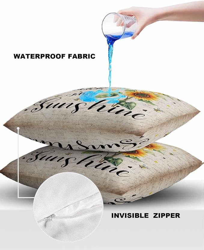 Sunflower Outdoor Waterproof Throw Pillow Covers 20"x20" Set of 2, Sunflower Bee Old Newspaper Background Decorative Garden Pillowcase with Zipper Retro Farmhouse Cushion Case for Patio Couch Tent
