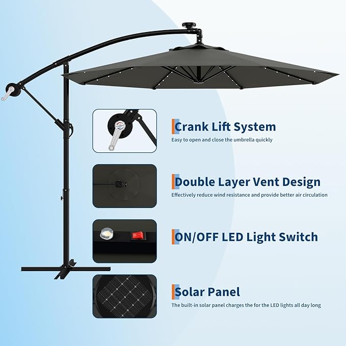 Garvee 10FT Solar Lights Offset Patio Umbrella with Cross Base, Cantilever Umbrella with Easy Lift & Tilt Adjustment, 8 Ribs Sun umbrella UV Protection for Backyard, Pool, Garden, Gray