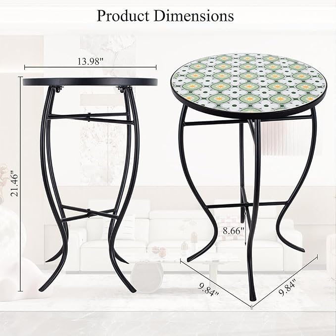 14 Inch Mosaic Patio Side Table with X-Curved Legs, Indoor Outdoor Accent Round End Table with Ceramic Tile Tops for Yard, Garden, Living Room, Bistro, C - Granny Square