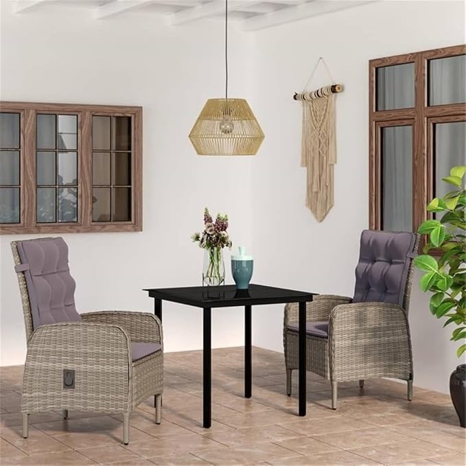 BOWERY HILL 3-Piece Outdoor Patio Dining Set, Powder-Coated Steel & PE Rattan, Gray & Black Finish, Weather-Resistant, Compact Square Table with Ergonomic Chairs for Terrace or Garden, Seating for 2