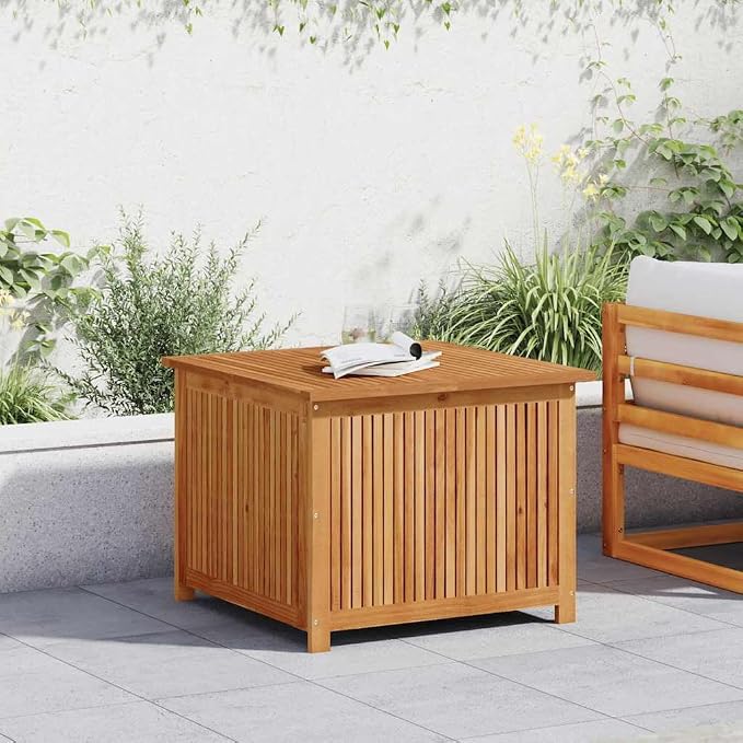 Solid Acacia Wood Garden Storage Box with Flap Closure, 29.5x29.5x22.8 Inch Outdoor Storage Container for Cushions Tools and Toys, Water-Resistant Weatherproof Organizer