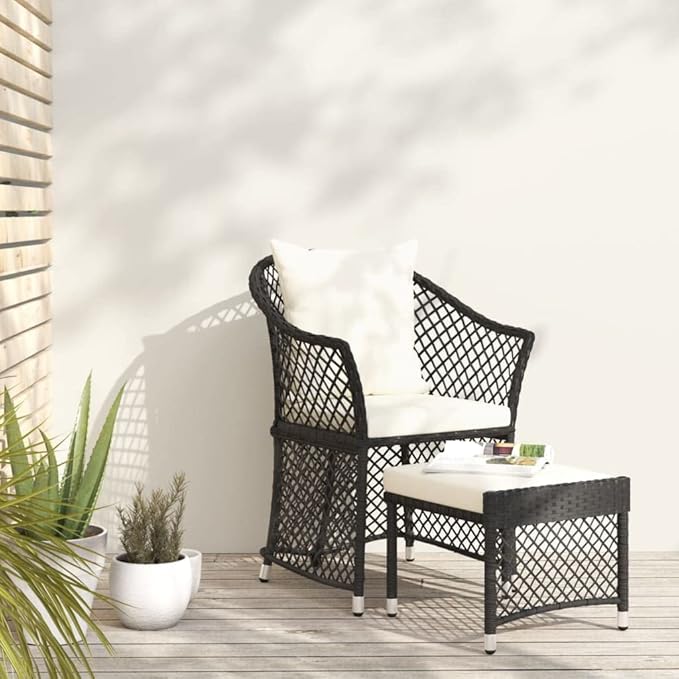 2 Piece Modern Patio Furniture Set Black White Poly Rattan Outdoor Conversation Bistro Set Small Apartment Balcony Porch 16.9 x 16.5 x 14.4 in for Garden Terrace