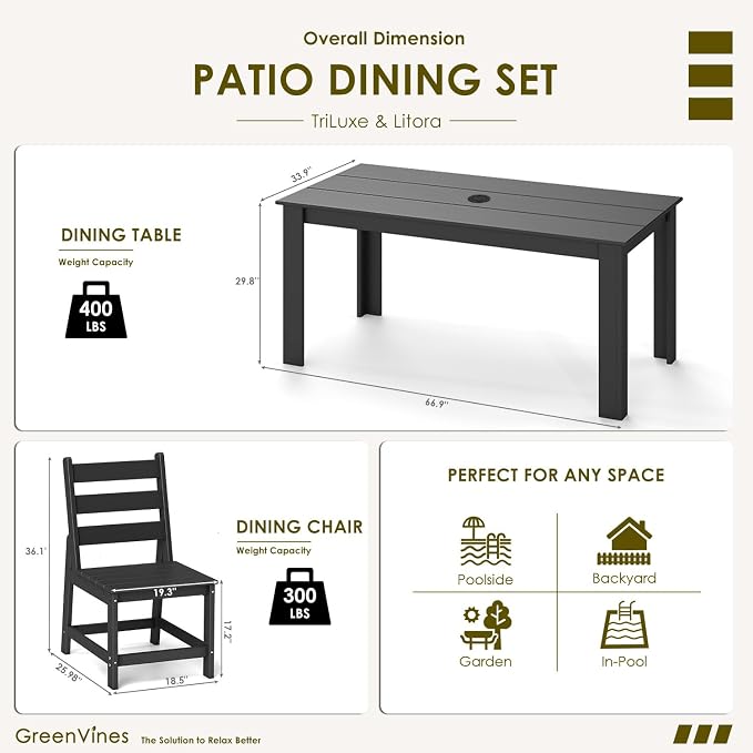 GREENVINES 7 Piece HDPE Outdoor Patio Dining Set, Table and 6 Chairs, Black