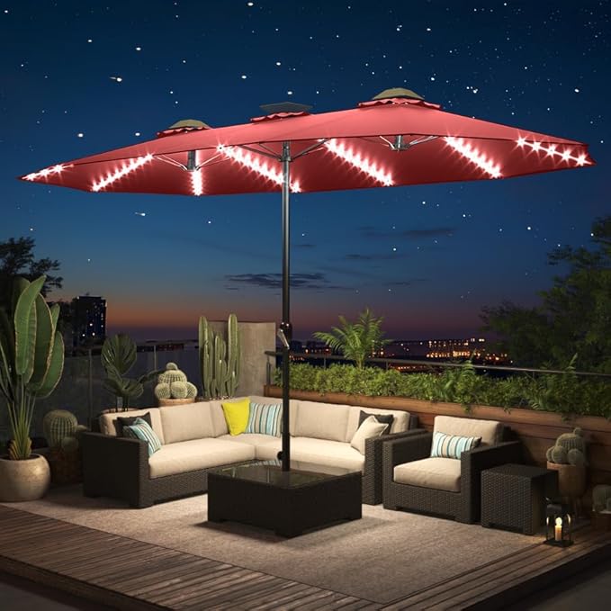 AECOJOY 15ft Patio Umbrella with Solar Lights, Large Patio Umbrella with Crank Handle and 156 PCS LED Lights, Outdoor Rectangular Market Umbrella for Backyard Deck Pool in Dark Red(1.9" Pole)