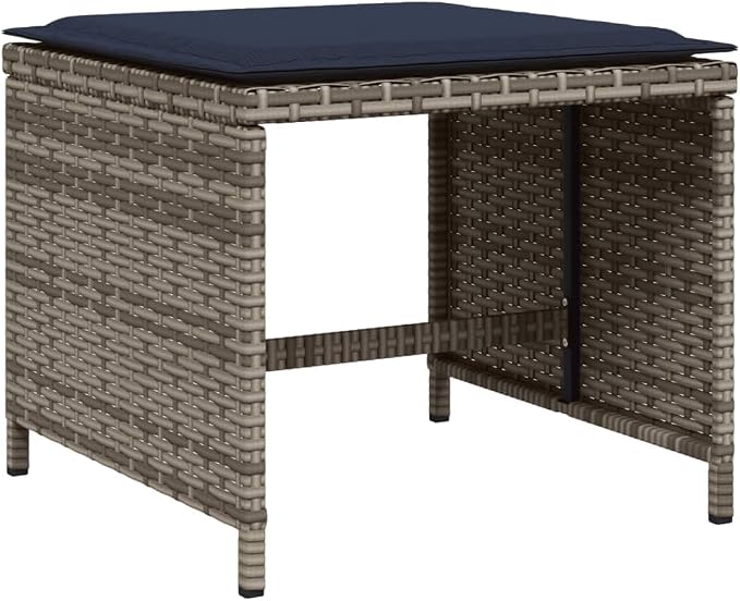 11 Piece Garden Dining Set with Cushions Grey Poly Rattan Outdoor Patio Furniture Table Chairs Stools Tempered Glass UV Resistant Foldable Storage 110 kg