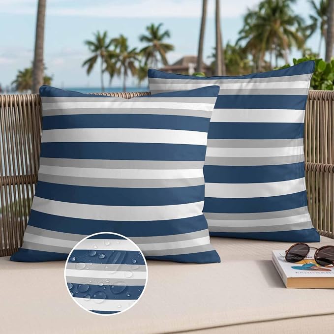 Throw Pillow Covers 18x18 Inch Set of 2, Navy Blue Grey Stripe Waterproof Outdoor Pillow Covers, Minimalist Farmhouse Striped Decorative Cushion Pillowcases for Couch, Sofa, Bed, Garden, Patio