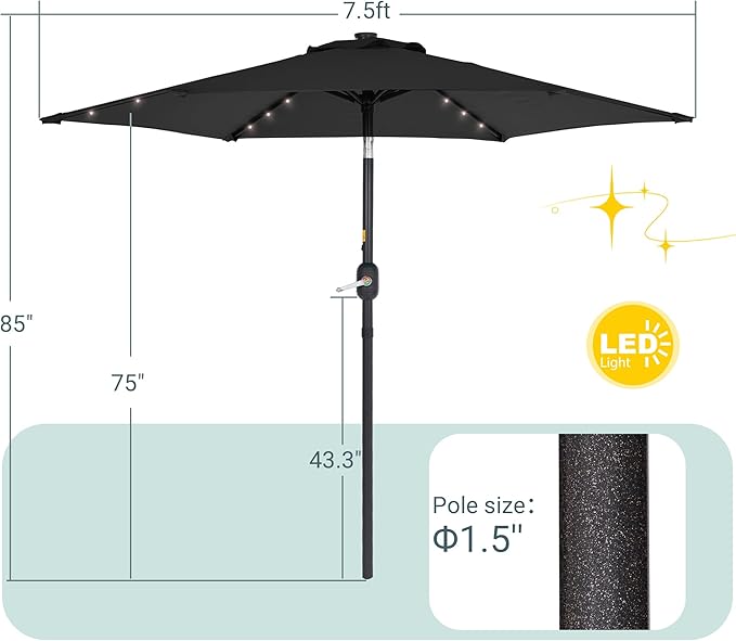 7.5ft Outdoor Umbrella Patio Umbrella with Solar Lights,18 LED Lighted Table Market Outdoor Umbrella, 2-Year-Non-Fading, for Pool, Deck, Garden,Backyard