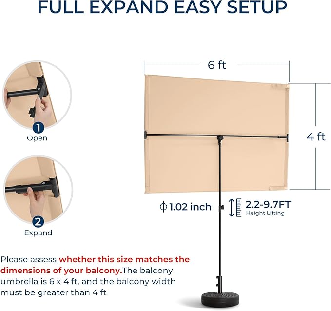 HOMSHADE 6x4ft Outdoor Balcony Umbrella - Flat Porch Pool Patio Umbrella Rectangular Canopy Shade UPF50+ UV Protection 360° Rotating & Tilting All Angles Applicable (Beige, No Base)