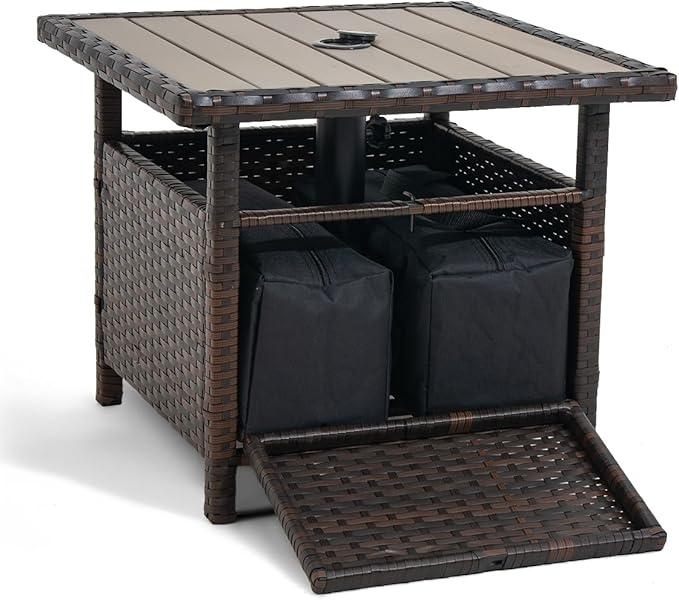 Sundale Outdoor Umbrella Stand with 2 Weight Bags, Patio 22 in Wicker Side Table with Umbrella Hole, All Weather Small Rattan Umbrella Base for Deck Yard Poolside Porch, Brown